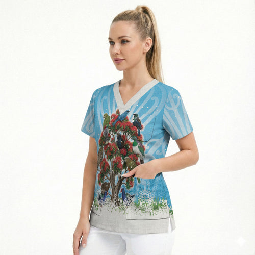 New Zealand Birds Christmas Scrub Top Pohutukawa Xmas Tree