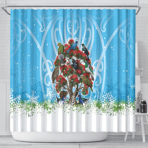 New Zealand Birds Christmas Shower Curtain Pohutukawa Xmas Tree