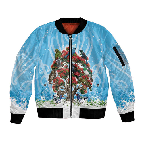New Zealand Birds Christmas Sleeve Zip Bomber Jacket Pohutukawa Xmas Tree