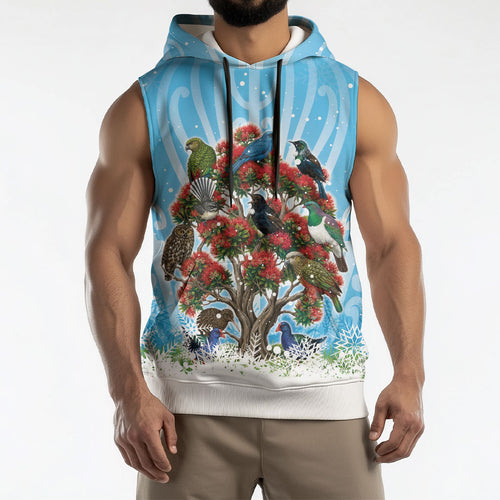 New Zealand Birds Christmas Sleeveless Hoodie Pohutukawa Xmas Tree