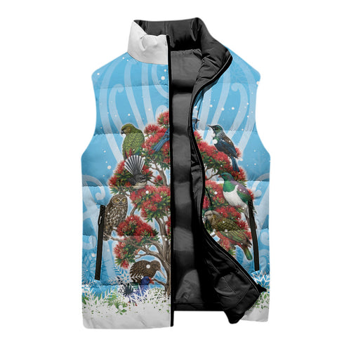 New Zealand Birds Christmas Sleeveless Puffer Jacket Pohutukawa Xmas Tree