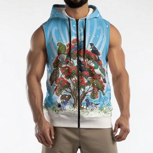 New Zealand Birds Christmas Sleeveless Zip Hoodie Pohutukawa Xmas Tree