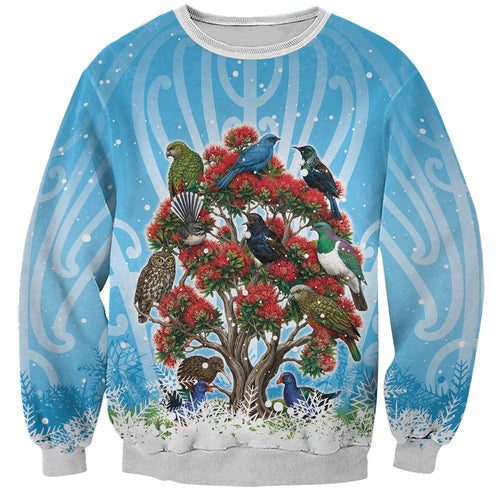 New Zealand Birds Christmas Sweatshirt Pohutukawa Xmas Tree
