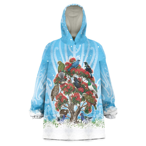New Zealand Birds Christmas Wearable Blanket Hoodie Pohutukawa Xmas Tree