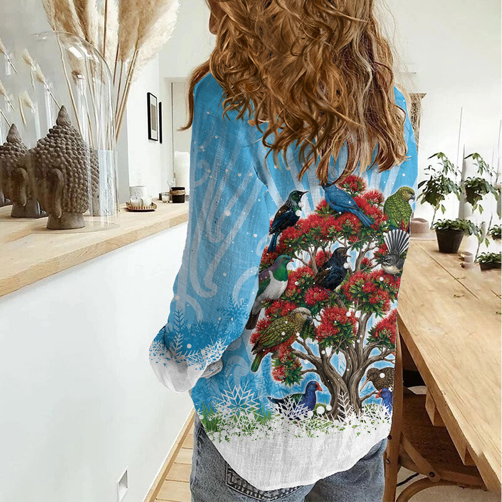 New Zealand Birds Christmas Women Casual Shirt Pohutukawa Xmas Tree
