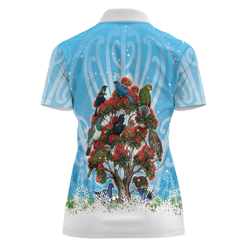 New Zealand Birds Christmas Women Polo Shirt Pohutukawa Xmas Tree