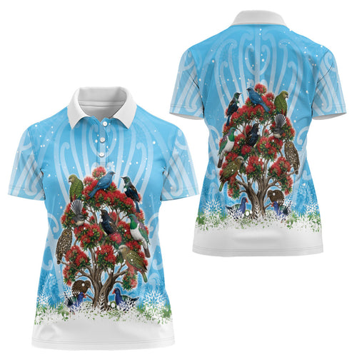 New Zealand Birds Christmas Women Polo Shirt Pohutukawa Xmas Tree