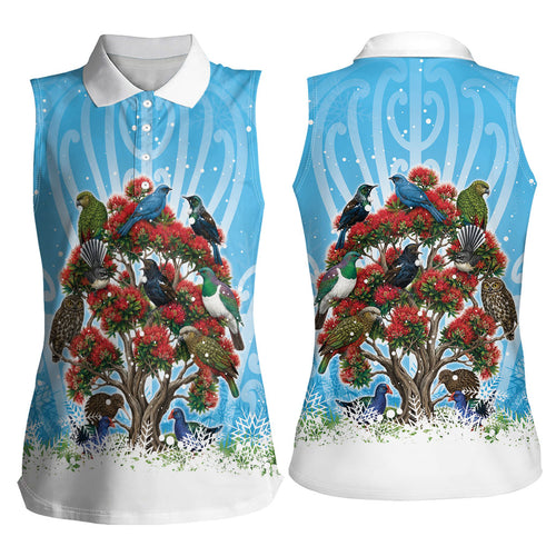 New Zealand Birds Christmas Women Sleeveless Polo Shirt Pohutukawa Xmas Tree