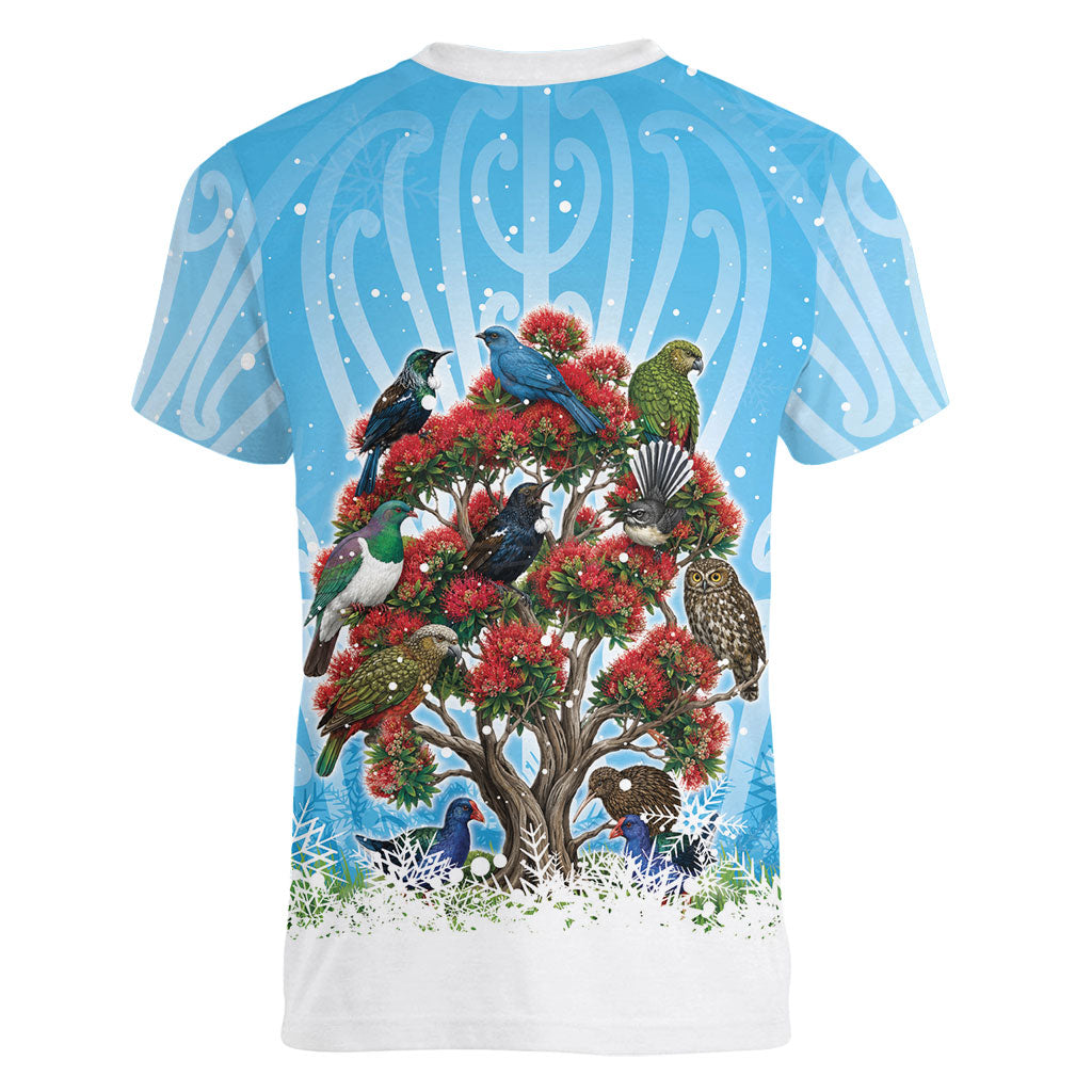 New Zealand Birds Christmas Women V-Neck T-Shirt Pohutukawa Xmas Tree