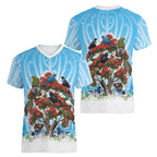 New Zealand Birds Christmas Women V-Neck T-Shirt Pohutukawa Xmas Tree