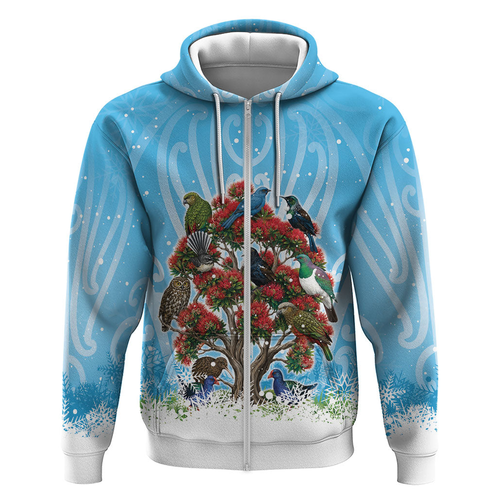 New Zealand Birds Christmas Zip Hoodie Pohutukawa Xmas Tree