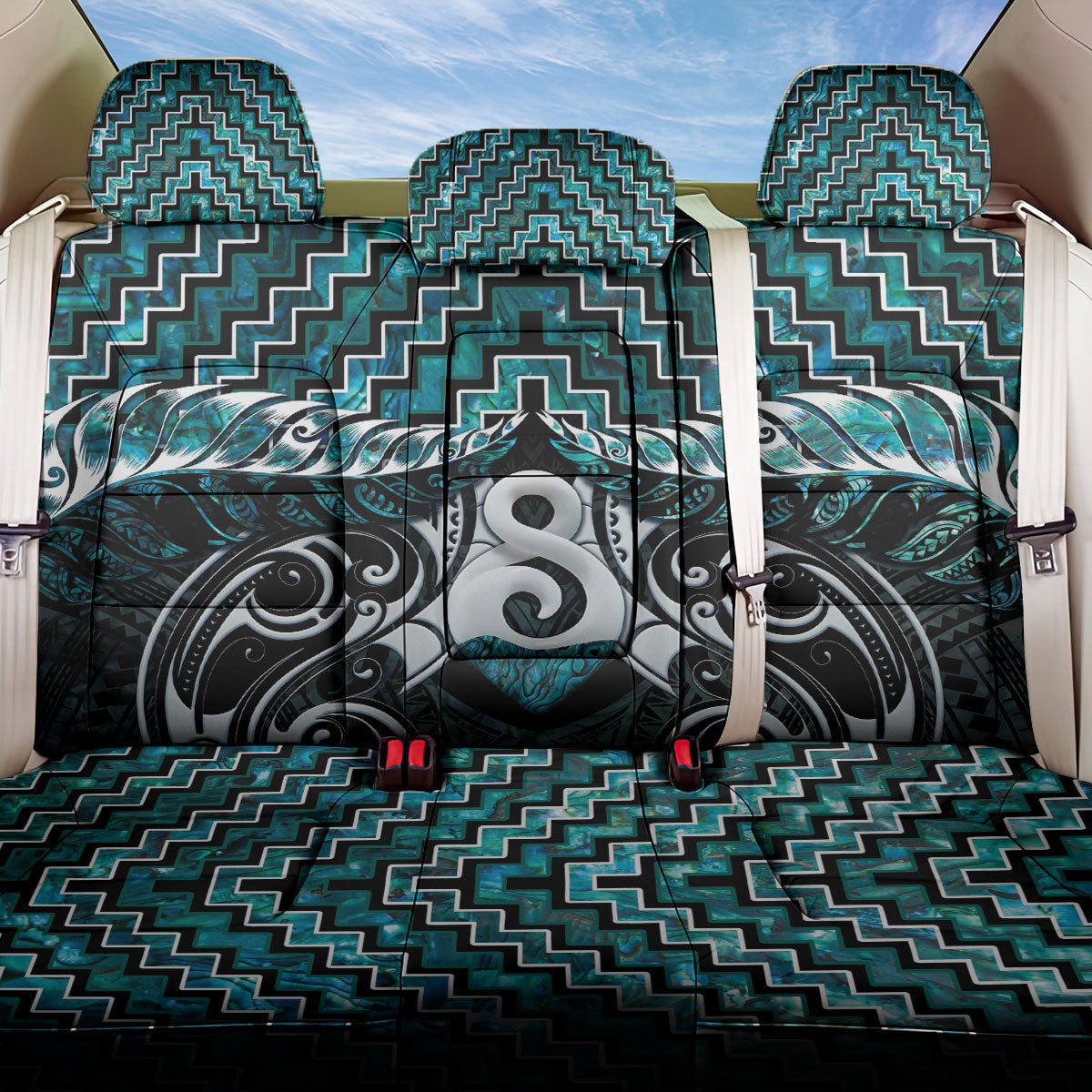New Zealand Maori Back Car Seat Cover Poutama Pikorua - Single Twist Paua Shell