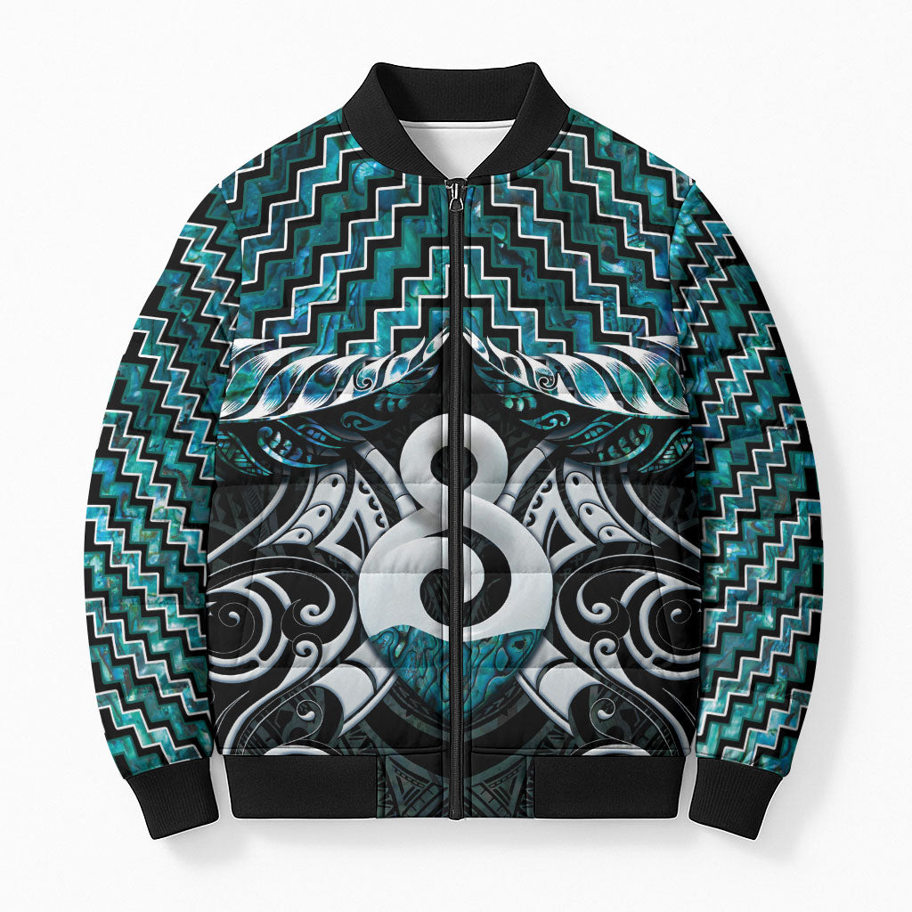 New Zealand Maori Bomber Puffer Jacket Poutama Pikorua - Single Twist Paua Shell