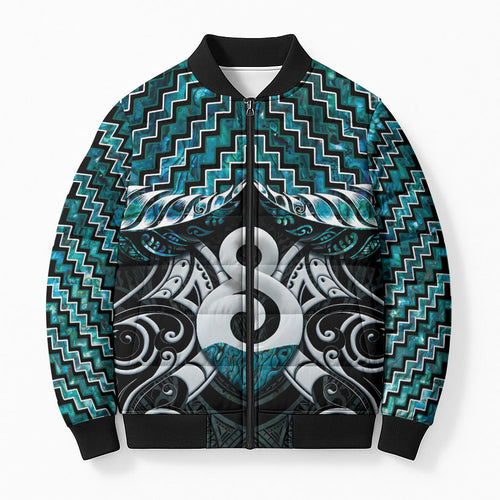 New Zealand Maori Bomber Puffer Jacket Poutama Pikorua - Single Twist Paua Shell