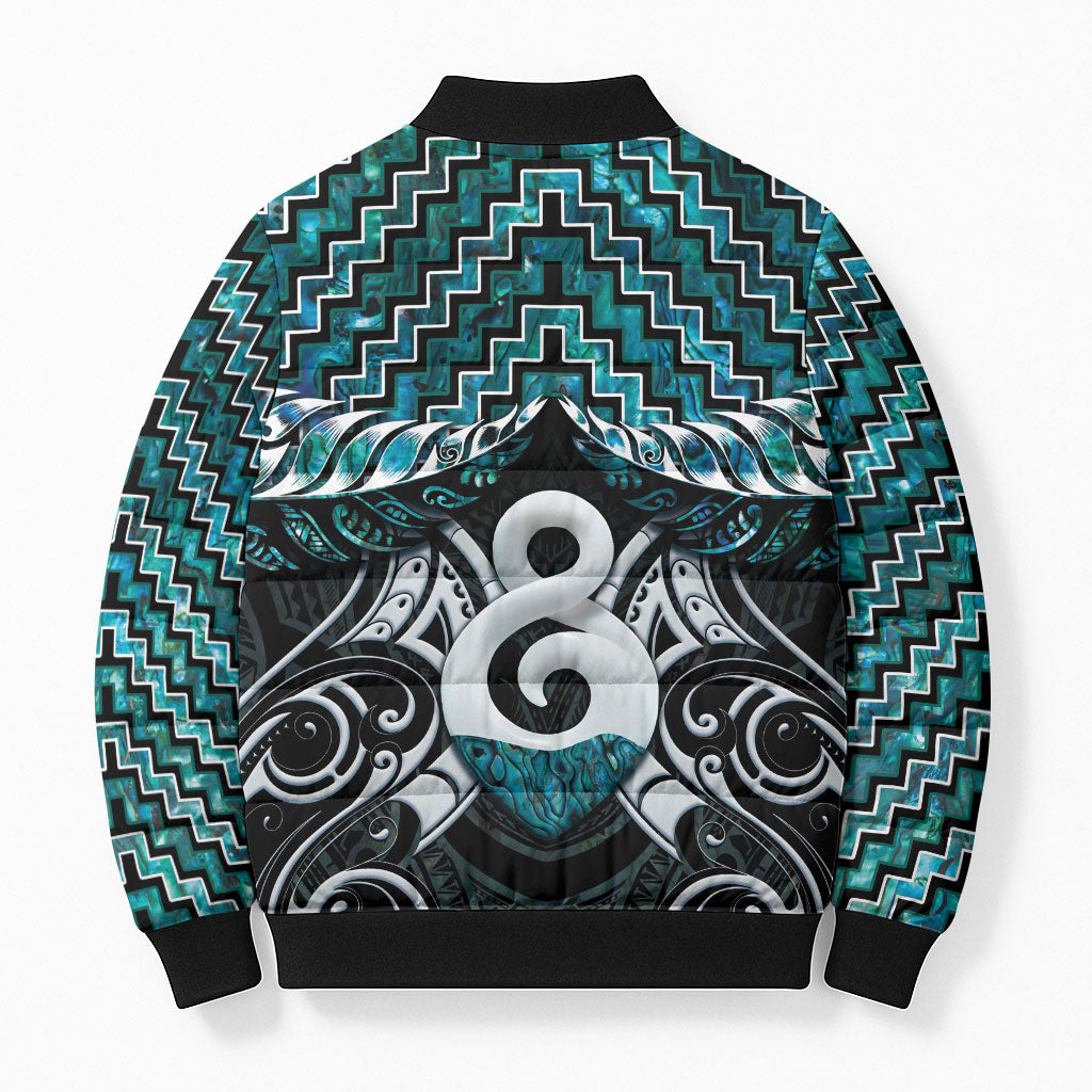 New Zealand Maori Bomber Puffer Jacket Poutama Pikorua - Single Twist Paua Shell