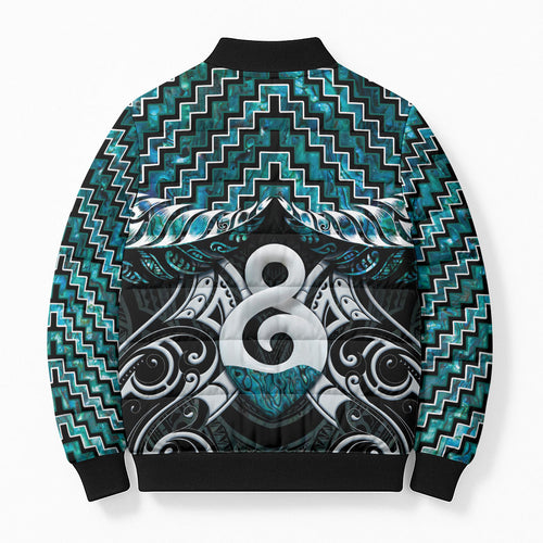 New Zealand Maori Bomber Puffer Jacket Poutama Pikorua - Single Twist Paua Shell