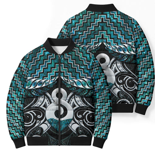 New Zealand Maori Bomber Puffer Jacket Poutama Pikorua - Single Twist Paua Shell