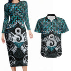 New Zealand Maori Couples Matching Long Sleeve Bodycon Dress and Hawaiian Shirt Poutama Pikorua - Single Twist Paua Shell