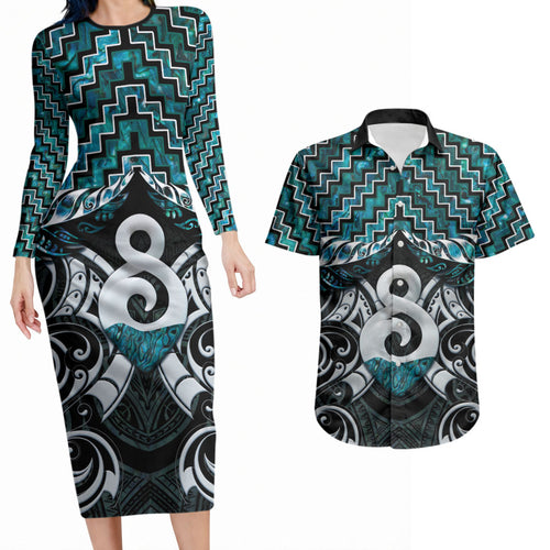 New Zealand Maori Couples Matching Long Sleeve Bodycon Dress and Hawaiian Shirt Poutama Pikorua - Single Twist Paua Shell