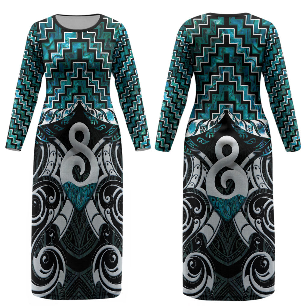 New Zealand Maori Couples Matching Long Sleeve Bodycon Dress and Long Sleeve Button Shirt Poutama Pikorua - Single Twist Paua Shell