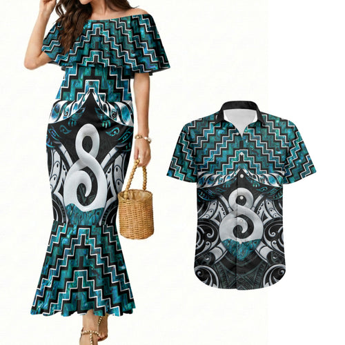 New Zealand Maori Couples Matching Mermaid Dress and Hawaiian Shirt Poutama Pikorua - Single Twist Paua Shell