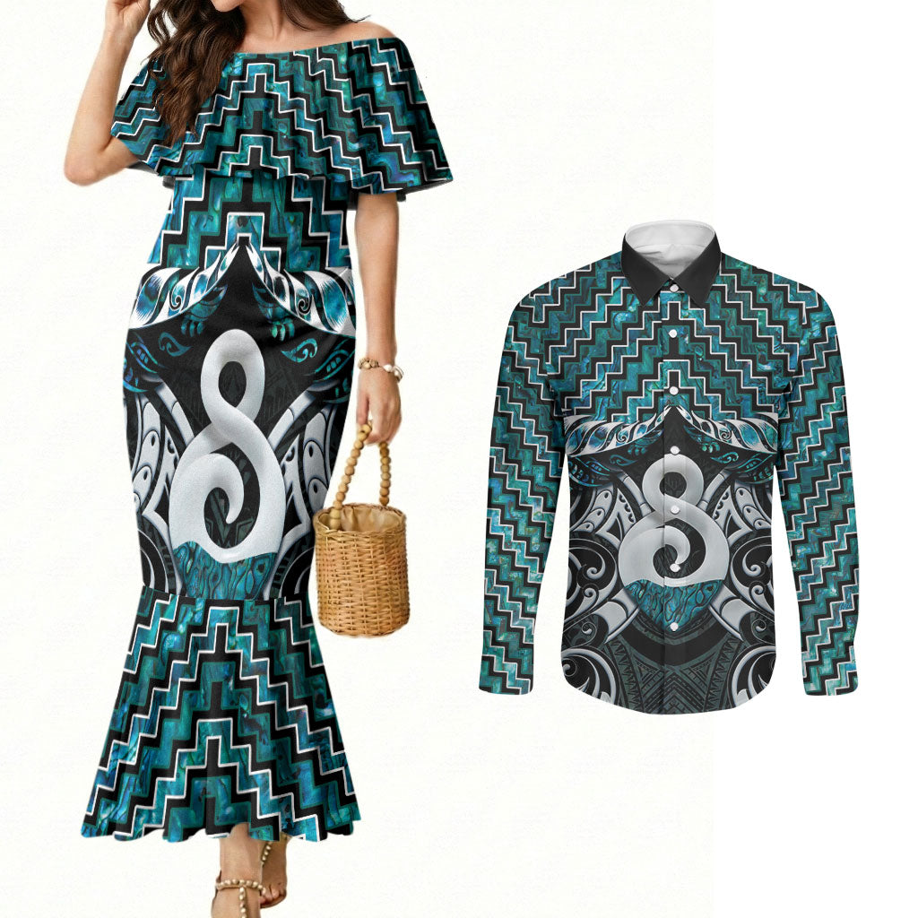 New Zealand Maori Couples Matching Mermaid Dress and Long Sleeve Button Shirt Poutama Pikorua - Single Twist Paua Shell