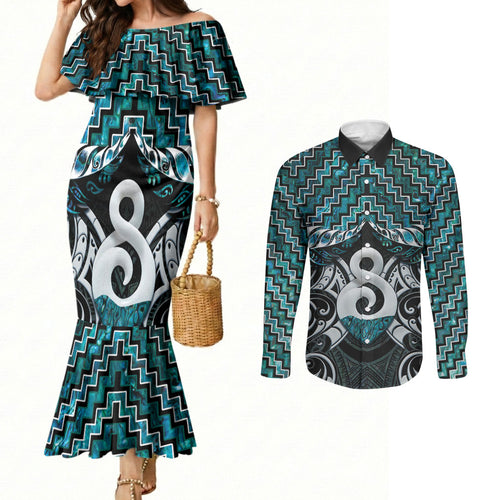 New Zealand Maori Couples Matching Mermaid Dress and Long Sleeve Button Shirt Poutama Pikorua - Single Twist Paua Shell