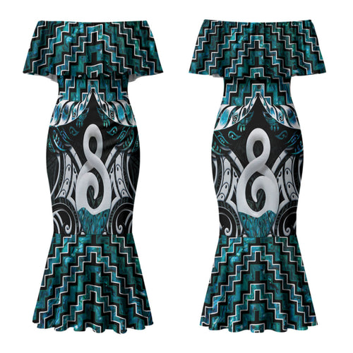New Zealand Maori Couples Matching Mermaid Dress and Long Sleeve Button Shirt Poutama Pikorua - Single Twist Paua Shell