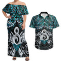 New Zealand Maori Couples Matching Off Shoulder Maxi Dress and Hawaiian Shirt Poutama Pikorua - Single Twist Paua Shell