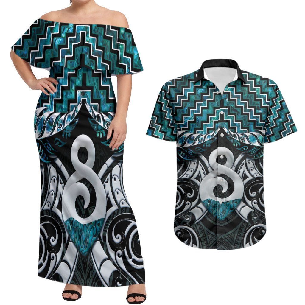 New Zealand Maori Couples Matching Off Shoulder Maxi Dress and Hawaiian Shirt Poutama Pikorua - Single Twist Paua Shell