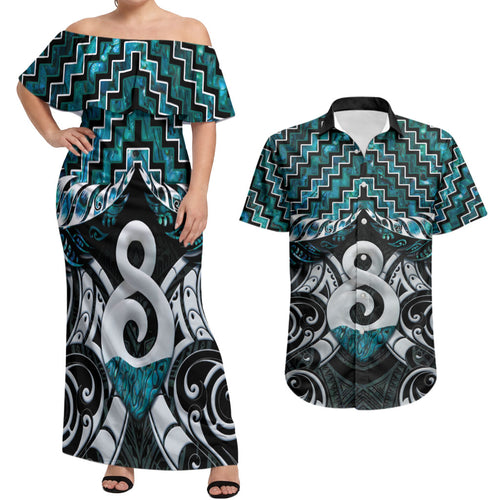New Zealand Maori Couples Matching Off Shoulder Maxi Dress and Hawaiian Shirt Poutama Pikorua - Single Twist Paua Shell