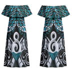 New Zealand Maori Couples Matching Off Shoulder Maxi Dress and Hawaiian Shirt Poutama Pikorua - Single Twist Paua Shell