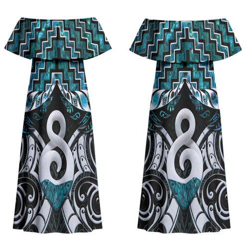 New Zealand Maori Couples Matching Off Shoulder Maxi Dress and Hawaiian Shirt Poutama Pikorua - Single Twist Paua Shell