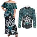 New Zealand Maori Couples Matching Off Shoulder Maxi Dress and Long Sleeve Button Shirt Poutama Pikorua - Single Twist Paua Shell