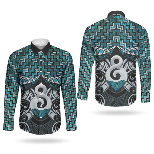 New Zealand Maori Couples Matching Off Shoulder Maxi Dress and Long Sleeve Button Shirt Poutama Pikorua - Single Twist Paua Shell