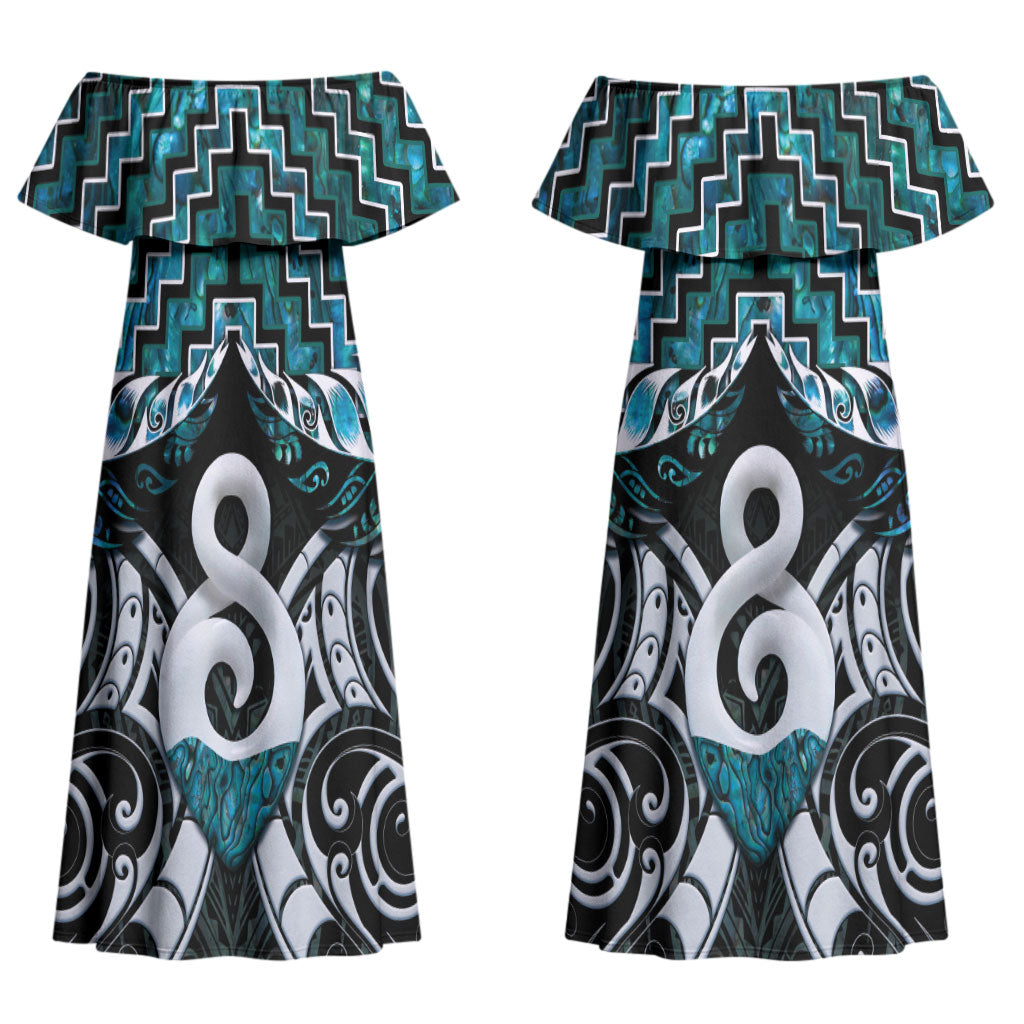New Zealand Maori Couples Matching Off Shoulder Maxi Dress and Long Sleeve Button Shirt Poutama Pikorua - Single Twist Paua Shell