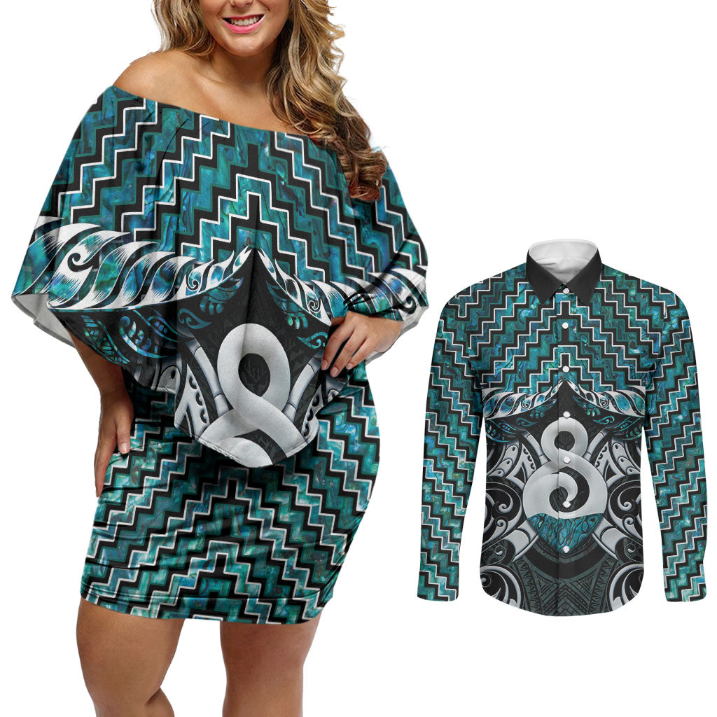 New Zealand Maori Couples Matching Off Shoulder Short Dress and Long Sleeve Button Shirt Poutama Pikorua - Single Twist Paua Shell