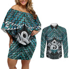 New Zealand Maori Couples Matching Off Shoulder Short Dress and Long Sleeve Button Shirt Poutama Pikorua - Single Twist Paua Shell