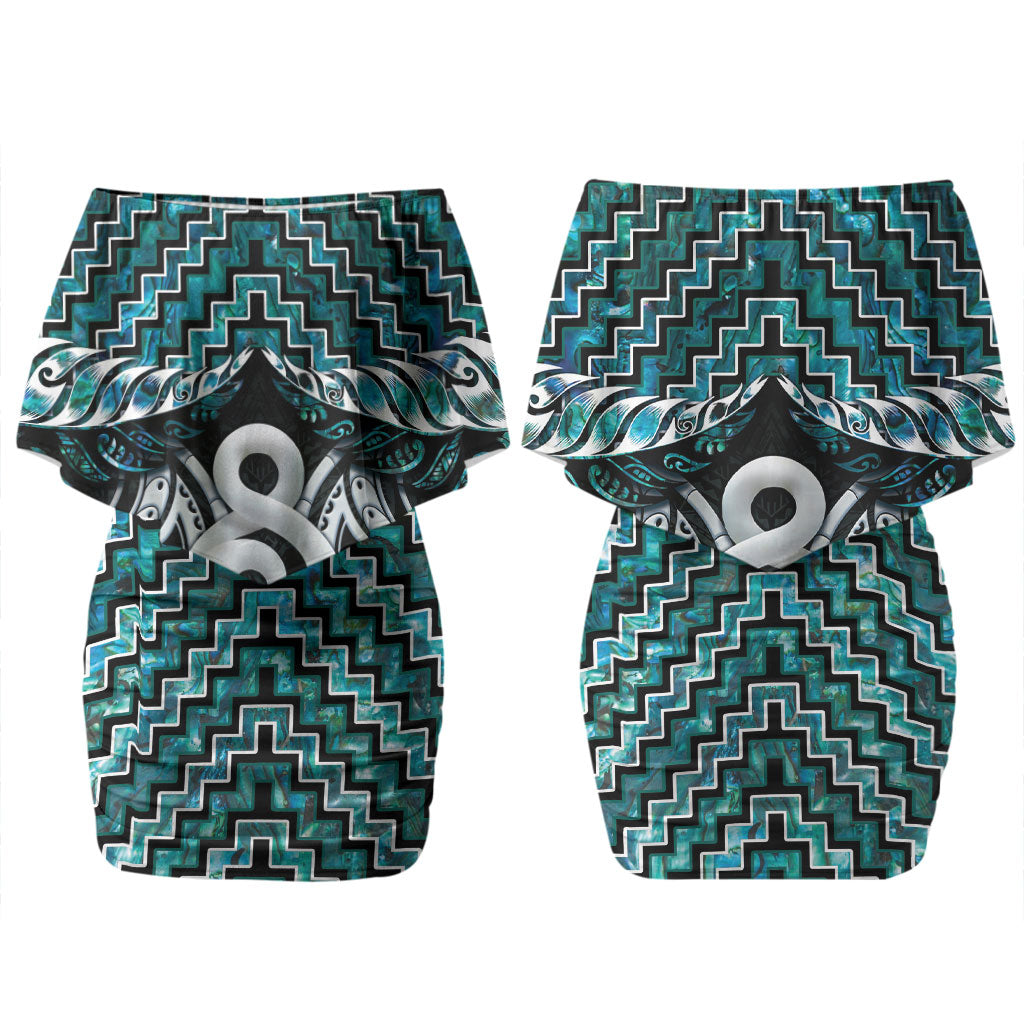 New Zealand Maori Couples Matching Off Shoulder Short Dress and Long Sleeve Button Shirt Poutama Pikorua - Single Twist Paua Shell