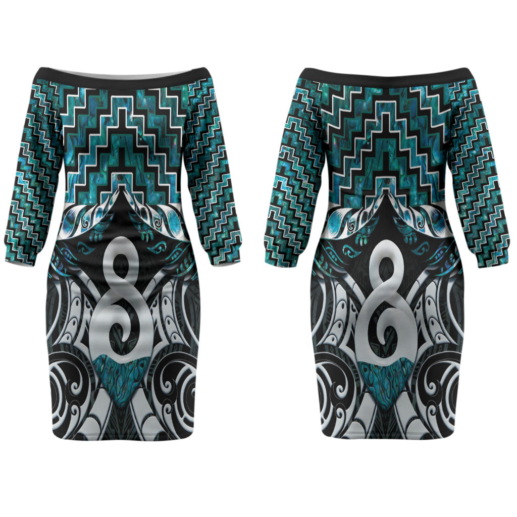 New Zealand Maori Couples Matching Off The Shoulder Long Sleeve Dress and Hawaiian Shirt Poutama Pikorua - Single Twist Paua Shell