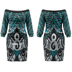 New Zealand Maori Couples Matching Off The Shoulder Long Sleeve Dress and Hawaiian Shirt Poutama Pikorua - Single Twist Paua Shell
