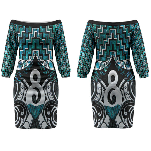 New Zealand Maori Couples Matching Off The Shoulder Long Sleeve Dress and Hawaiian Shirt Poutama Pikorua - Single Twist Paua Shell