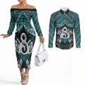 New Zealand Maori Couples Matching Off The Shoulder Long Sleeve Dress and Long Sleeve Button Shirt Poutama Pikorua - Single Twist Paua Shell