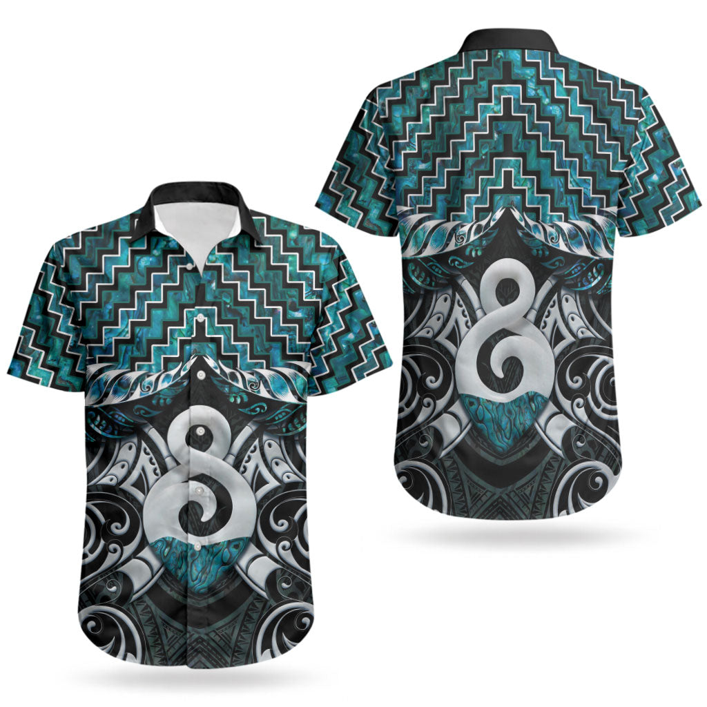 New Zealand Maori Couples Matching Puletasi and Hawaiian Shirt Poutama Pikorua - Single Twist Paua Shell