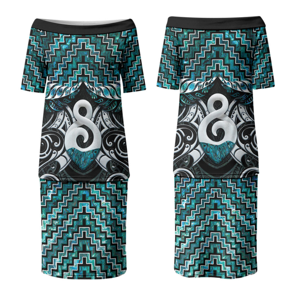 New Zealand Maori Couples Matching Puletasi and Long Sleeve Button Shirt Poutama Pikorua - Single Twist Paua Shell