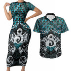 New Zealand Maori Couples Matching Short Sleeve Bodycon Dress and Hawaiian Shirt Poutama Pikorua - Single Twist Paua Shell