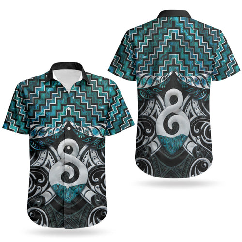 New Zealand Maori Couples Matching Short Sleeve Bodycon Dress and Hawaiian Shirt Poutama Pikorua - Single Twist Paua Shell
