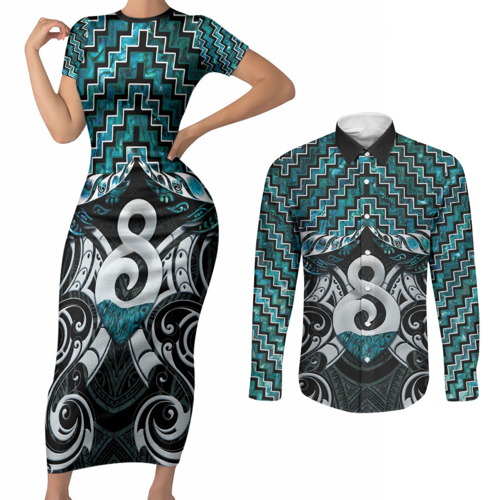 New Zealand Maori Couples Matching Short Sleeve Bodycon Dress and Long Sleeve Button Shirt Poutama Pikorua - Single Twist Paua Shell