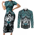 New Zealand Maori Couples Matching Short Sleeve Bodycon Dress and Long Sleeve Button Shirt Poutama Pikorua - Single Twist Paua Shell