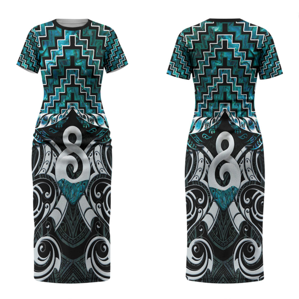 New Zealand Maori Couples Matching Short Sleeve Bodycon Dress and Long Sleeve Button Shirt Poutama Pikorua - Single Twist Paua Shell